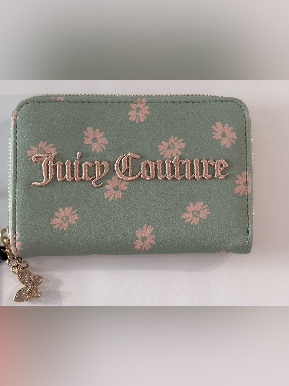 Juicy Couture Frosty Green and Pink Daisy Floral Zip Wallet, Pink Embroidery